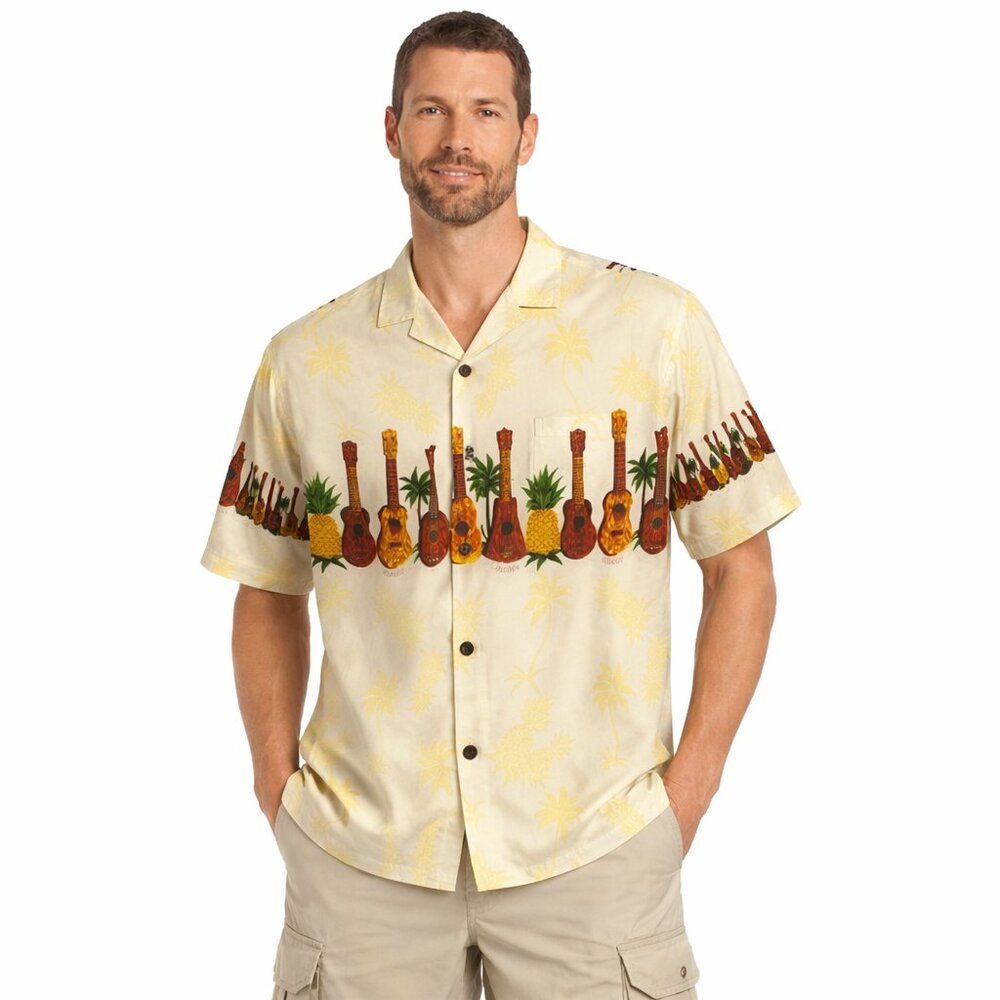 Hawaiian Guitars Pineapples Luau Shirt Mens Size Large Aloha Mo'i Palm Trees